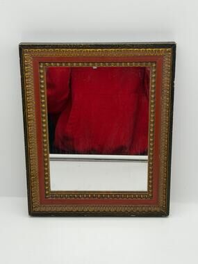 Vintage Framed Beaded Wall Mirror - Wood Gilt Accents - Red & Black 11.5" x 9.5"